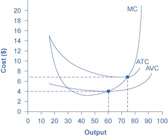 Short-run cost curves with money values on the axes: marginal cost rising, average variable cost and average total cost both U-shaped, and marginal cost cutting each of them at its lowest point.