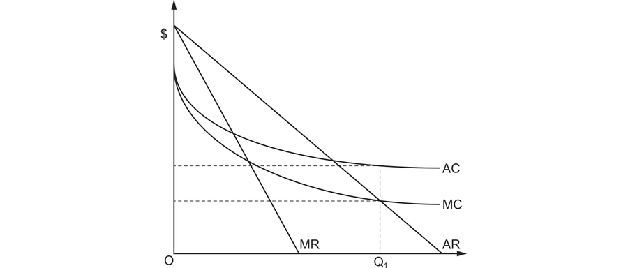 A monopolist's cost and revenue curves. Average revenue slopes down from the vertical axis with marginal revenue below it, falling twice as steeply and reaching the horizontal axis at about half the output. Average cost and marginal cost both fall continuously as output rises and then flatten, with marginal cost below average cost throughout, so neither turns upward and marginal cost never cuts average cost. A single output Q1 is marked, at the point where the average revenue line crosses marginal cost, well to the right of where marginal revenue reaches the axis.