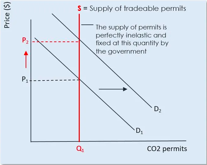 The market for carbon permits. Supply is the vertical red line at Q1, because the government fixes the total number of permits, so supply is perfectly inelastic and the quantity cannot respond to price. Demand slopes down. When demand rises from D1 to D2 the whole adjustment falls on the permit price, which climbs from P1 to P2, while total emissions stay capped at Q1.