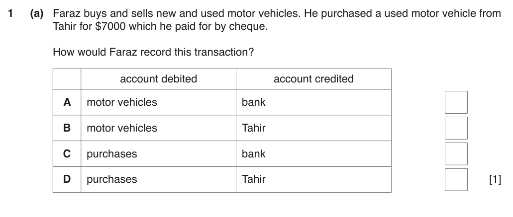 Complete Cambridge IGCSE Accounting 0452 Paper 1 question 1(a), February/March 2019, variant 2.