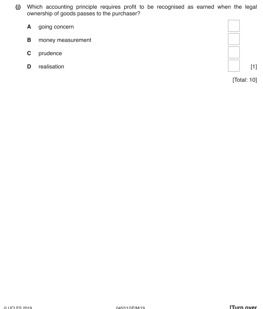 Complete Cambridge IGCSE Accounting 0452 Paper 1 question 1(j), February/March 2019, variant 2.