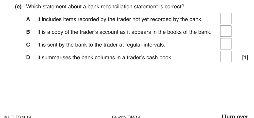 Complete Cambridge IGCSE Accounting 0452 Paper 1 question 1(e), February/March 2019, variant 2.