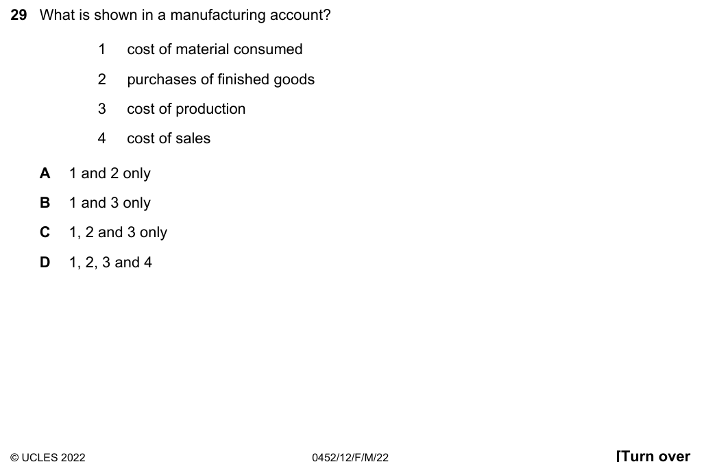 Complete Cambridge IGCSE Accounting 0452 Paper 1 question 29, February/March 2022, variant 2.
