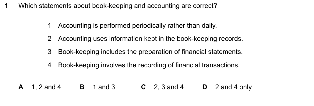 Complete Cambridge IGCSE Accounting 0452 Paper 1 question 1, February/March 2024, variant 2.
