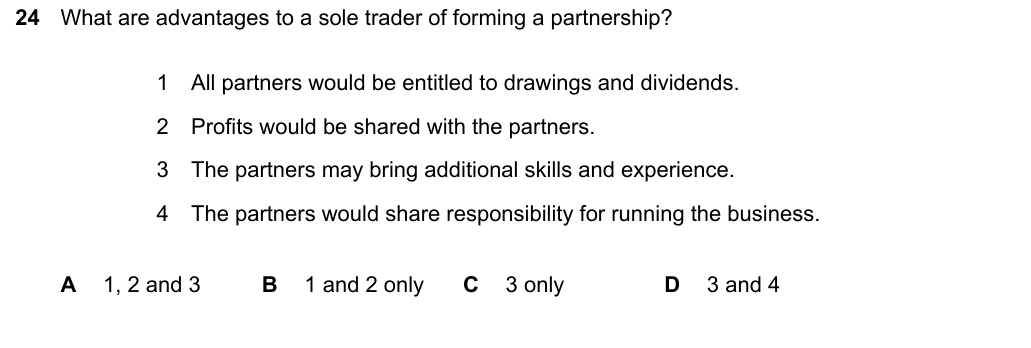 Complete Cambridge IGCSE Accounting 0452 Paper 1 question 24, February/March 2024, variant 2.