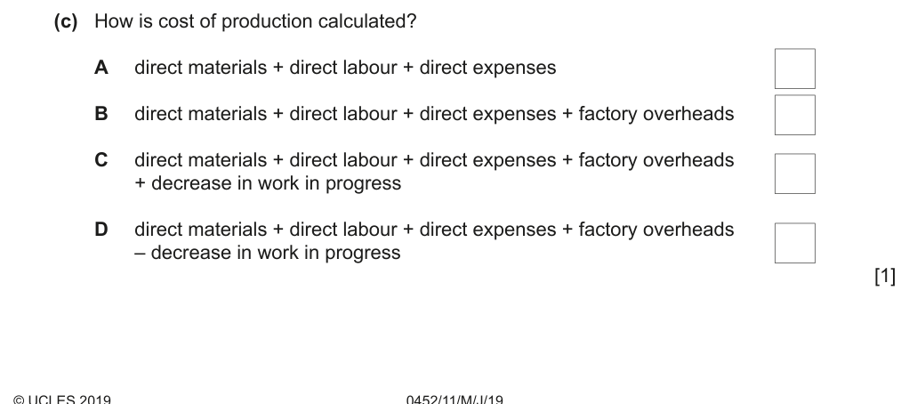 Complete Cambridge IGCSE Accounting 0452 Paper 1 question 1(c), May/June 2019, variant 1.