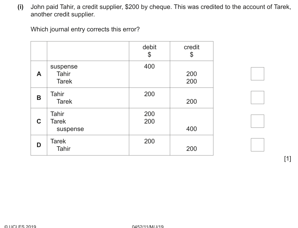Complete Cambridge IGCSE Accounting 0452 Paper 1 question 1(i), May/June 2019, variant 1.