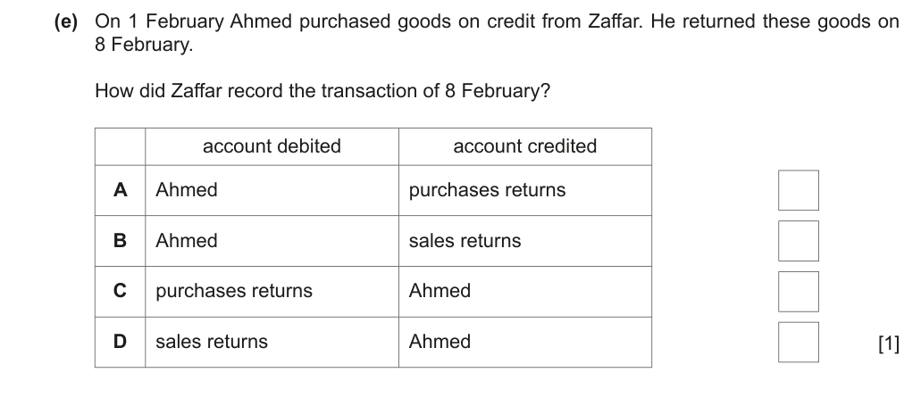 Complete Cambridge IGCSE Accounting 0452 Paper 1 question 1(e), May/June 2019, variant 2.