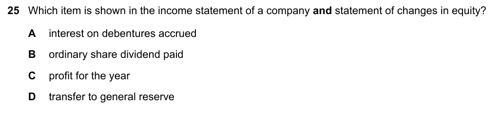 Complete Cambridge IGCSE Accounting 0452 Paper 1 question 25, May/June 2020, variant 1.