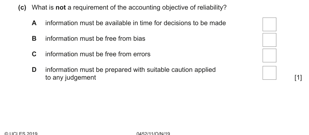 Complete Cambridge IGCSE Accounting 0452 Paper 1 question 1(c), October/November 2019, variant 1.