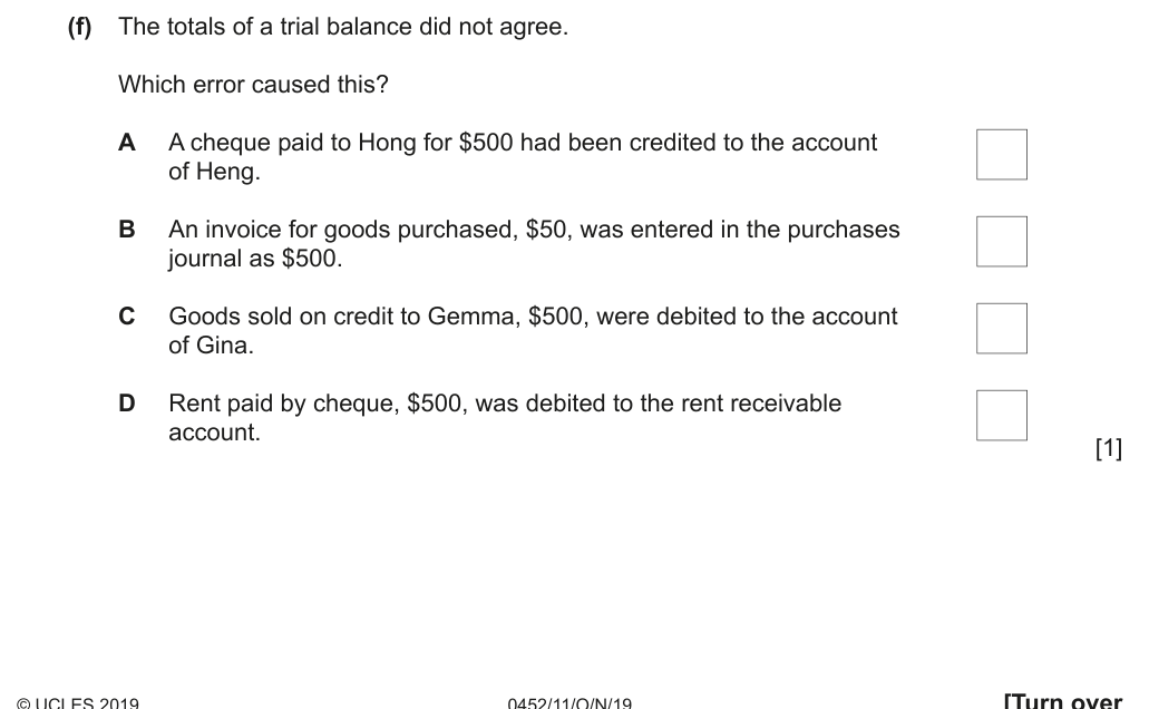 Complete Cambridge IGCSE Accounting 0452 Paper 1 question 1(f), October/November 2019, variant 1.