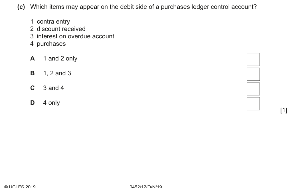 Complete Cambridge IGCSE Accounting 0452 Paper 1 question 1(c), October/November 2019, variant 2.
