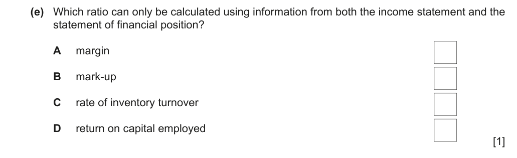 Complete Cambridge IGCSE Accounting 0452 Paper 1 question 1(e), October/November 2019, variant 2.