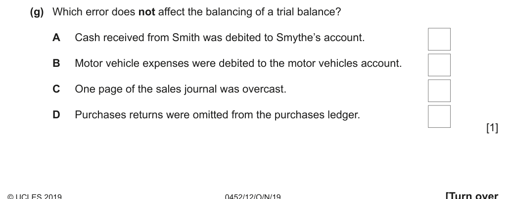 Complete Cambridge IGCSE Accounting 0452 Paper 1 question 1(g), October/November 2019, variant 2.
