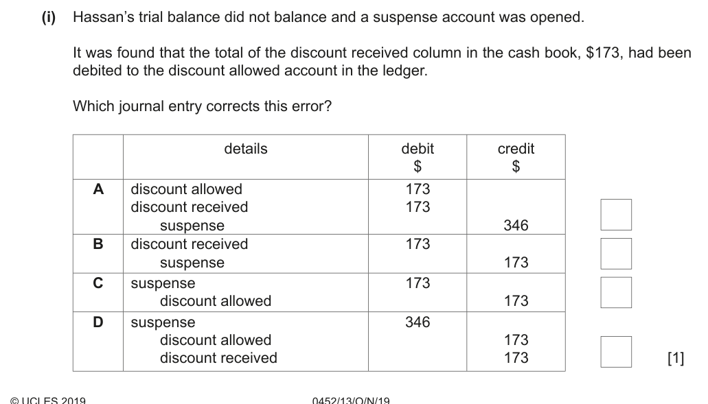 Complete Cambridge IGCSE Accounting 0452 Paper 1 question 1(i), October/November 2019, variant 3.