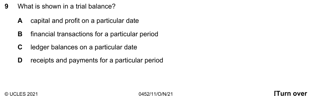 Complete Cambridge IGCSE Accounting 0452 Paper 1 question 9, October/November 2021, variant 1.