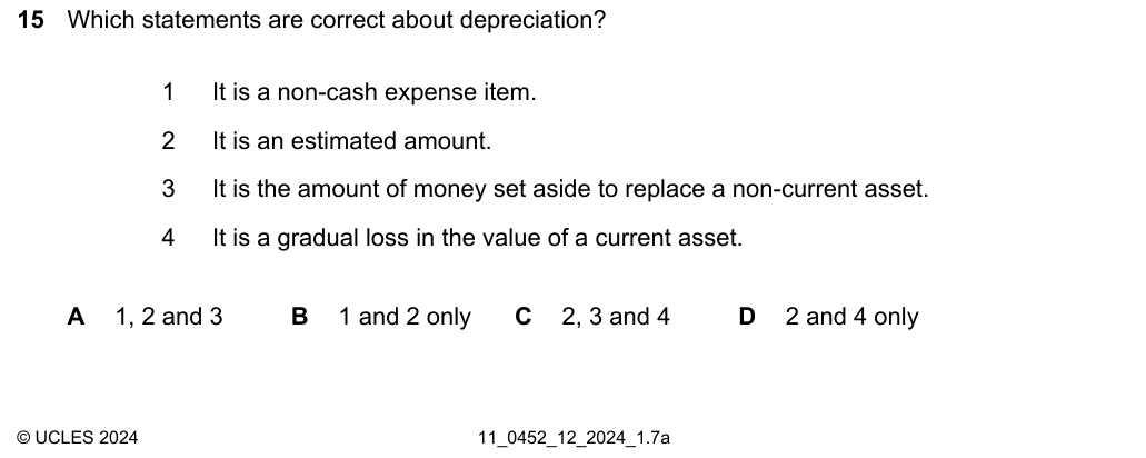 Complete Cambridge IGCSE Accounting 0452 Paper 1 question 15, October/November 2024, variant 2.