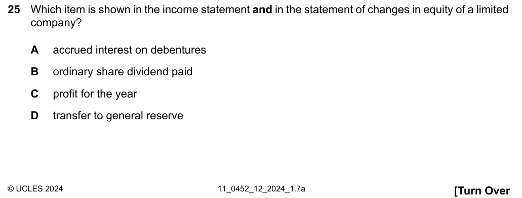 Complete Cambridge IGCSE Accounting 0452 Paper 1 question 25, October/November 2024, variant 2.