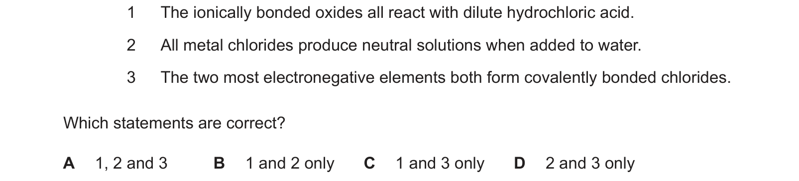 Table from the Cambridge Chemistry 9701 Paper 1 May/June 2023 paper, variant 2, question 19.
