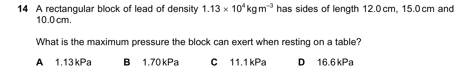 Table from the Cambridge Physics 9702 Paper 1 October/November 2024 paper, variant 2, question 14.