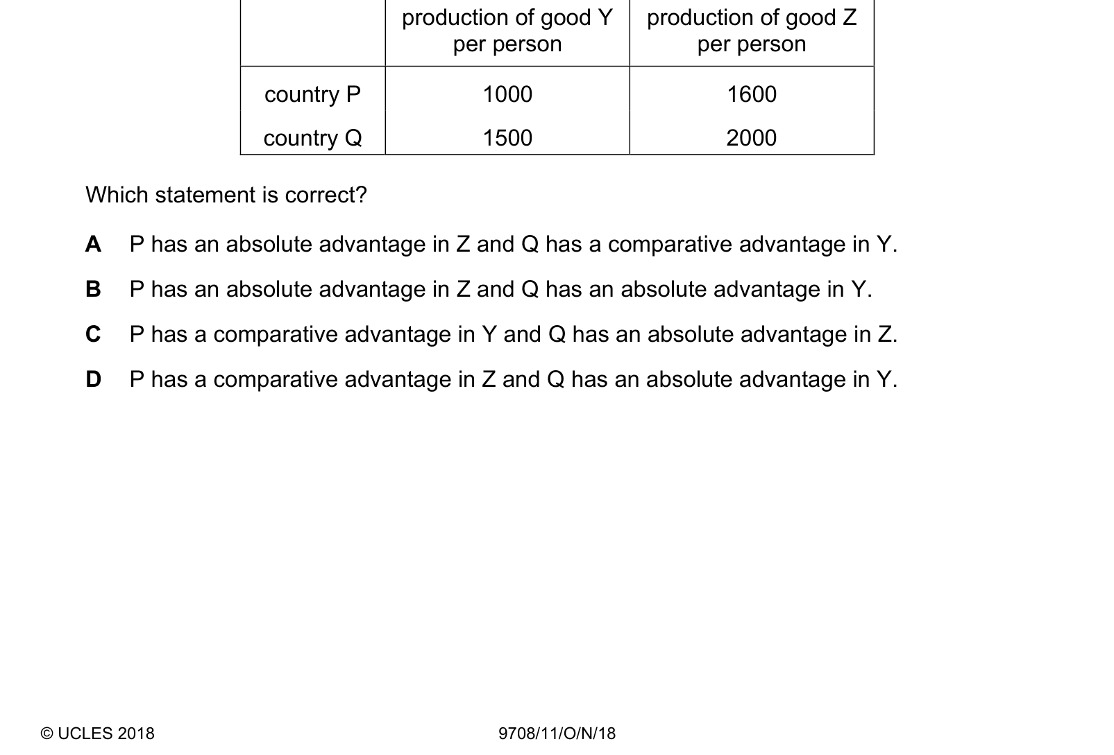 Table from the Cambridge Paper 1 (AS) October/November 2018 paper, variant 1.